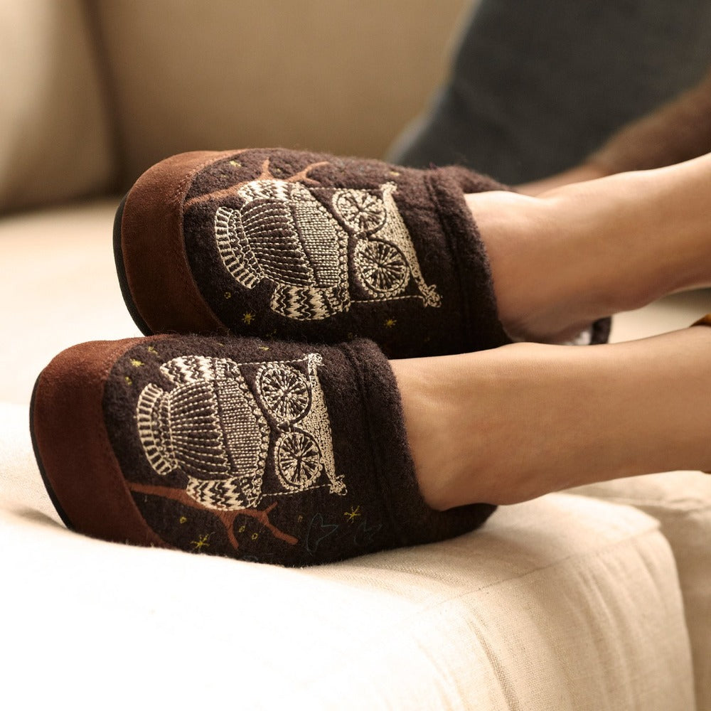 Women's Forest Mule Slippers in Chocolate On Model#color_chocolate-owl