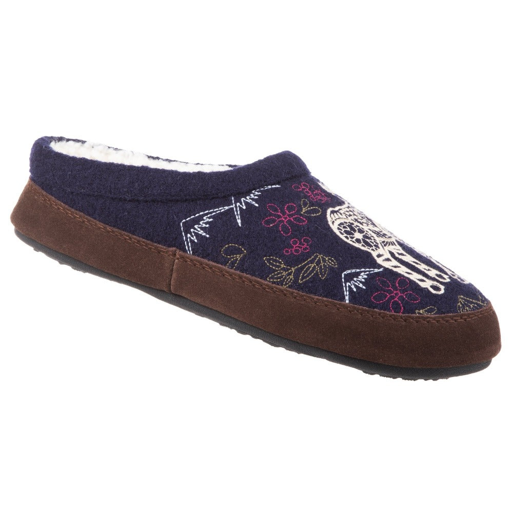Women's Forest Mule Slippers in Navy Moose Right Angled View#color_navy-moose