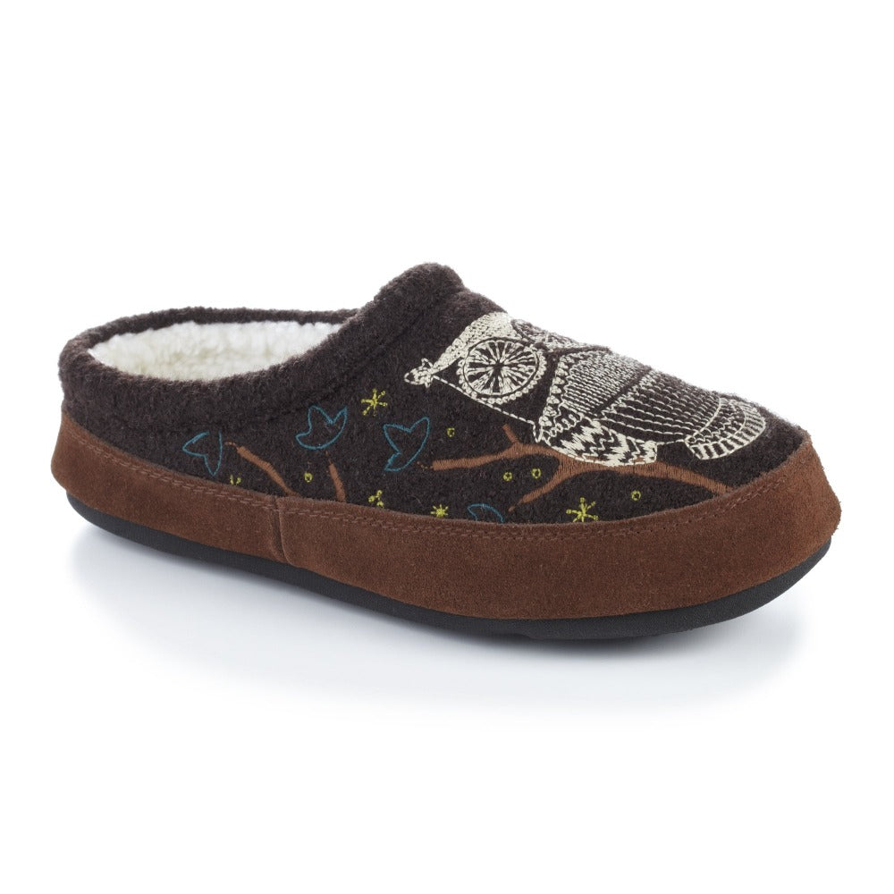 Women's Forest Mule Slippers in Chocolate Owl Right Angled View#color_chocolate-owl