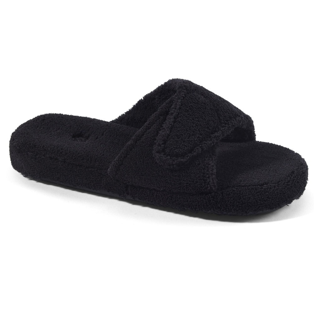 Women's Spa Slide Slippers in Black Right Angled View#color_black