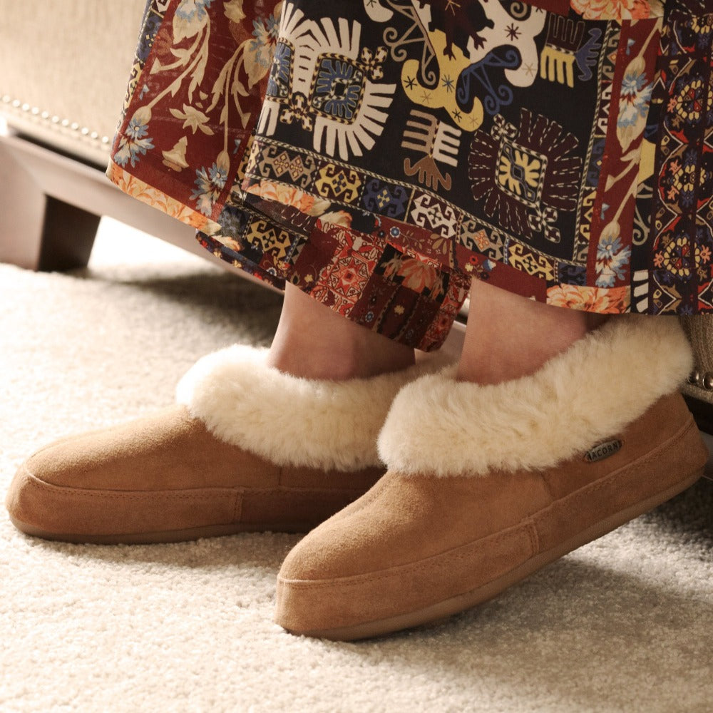 Women's Oh Ewe Boot Slippers on figure wearing boho skirt sitting on chair indoors#color_walnut