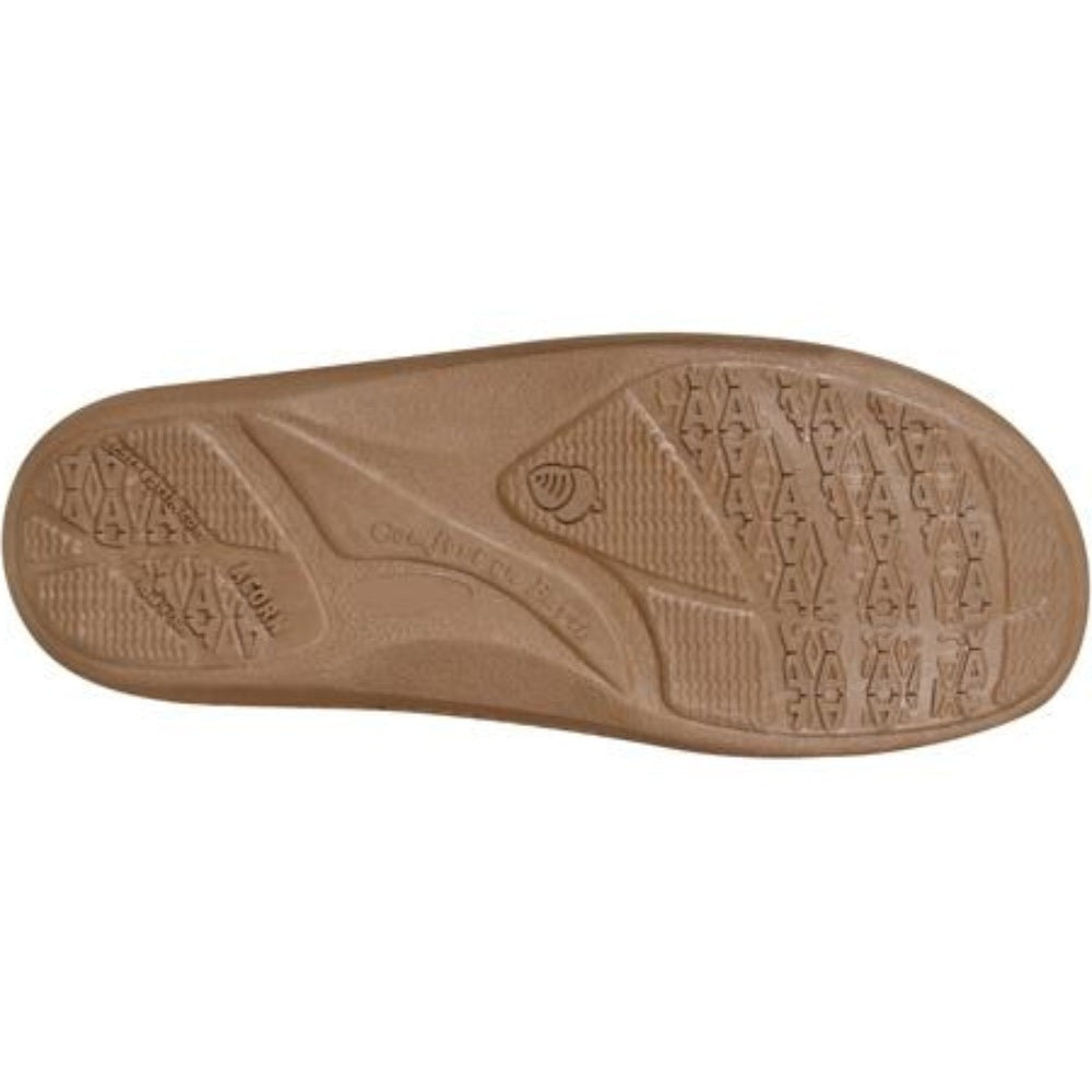 Acorn Women's Shearling Collar Slipper in Walnut Indoor Outdoor Sole View#color_walnut