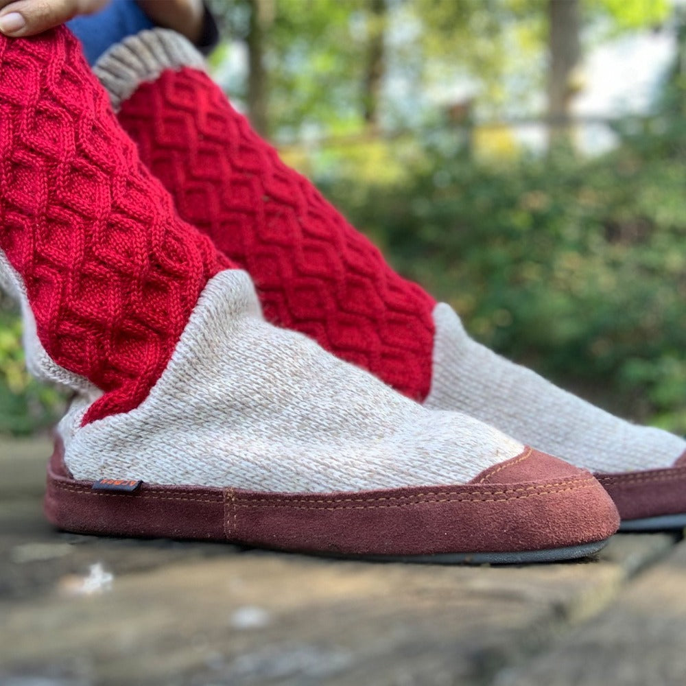 Women's Slouch Boots in Red Cable Knit On Model in the Woods#color_red-cable-knit