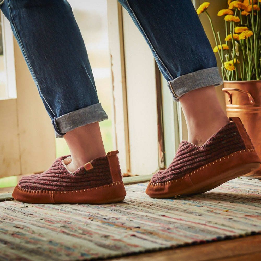 Women's Recycled Camden Moccasins in walnut on figure headed outdoors#color_walnut