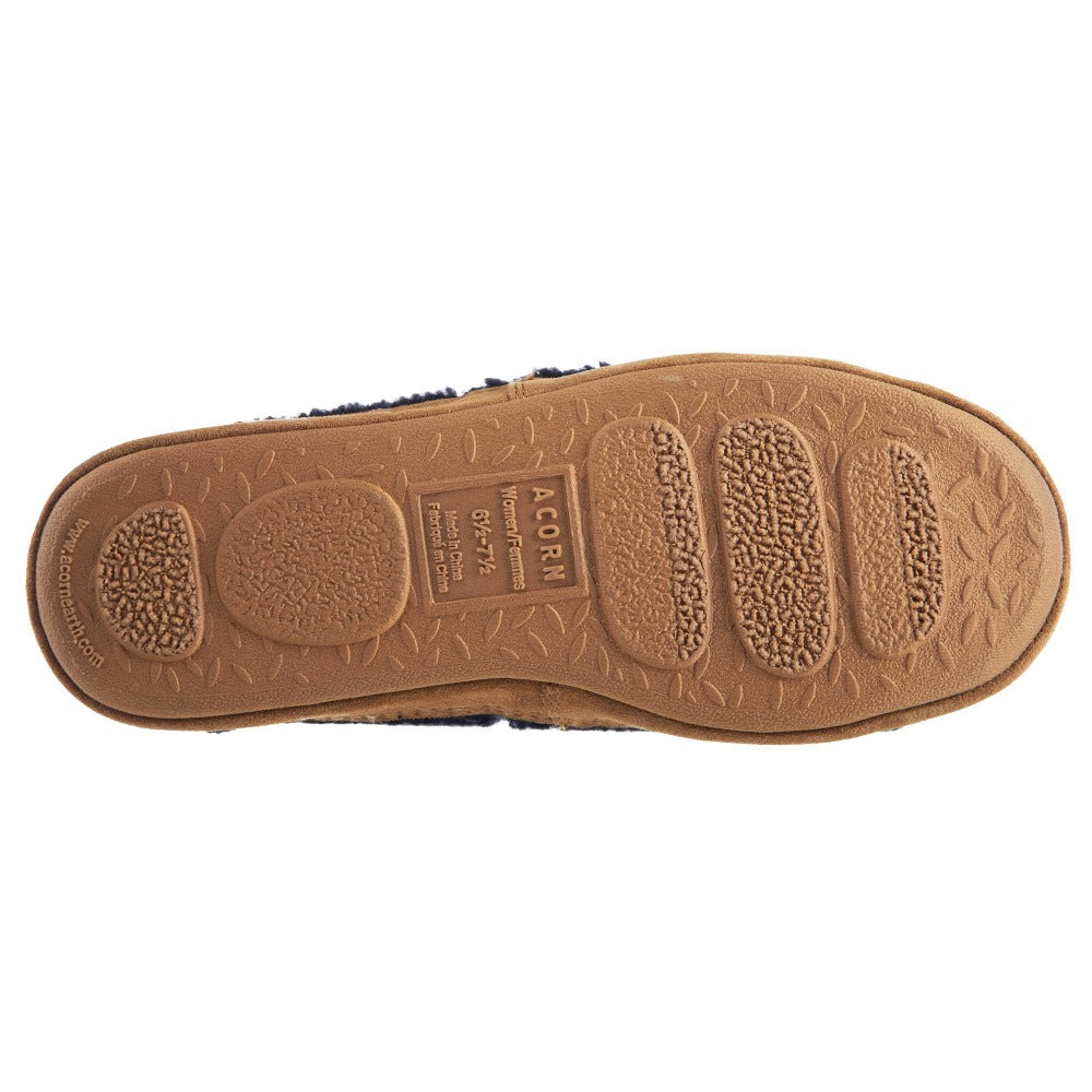 Women’s Acorn Moc with Collapsible Heel Slipper in Navy Blue Bottom Sole Tread#color_navy-popcorn