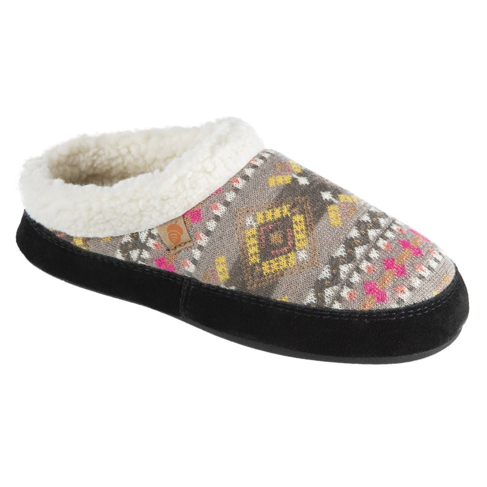Women’s Fairisles Hoodback Slipper in Black Multi with hues of grey, yellow and pink Right Angled View#color_gray