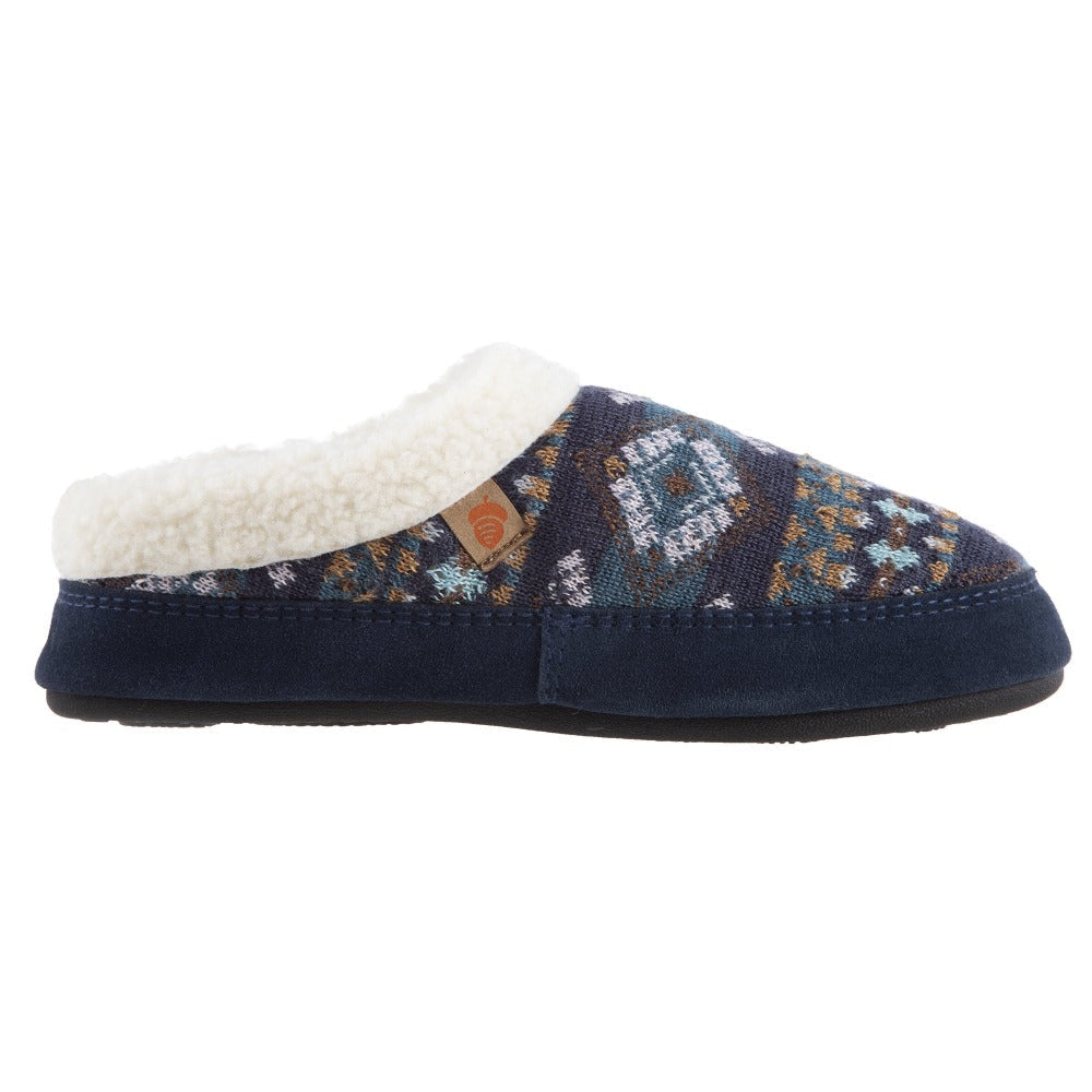 Women’s Fairisles Hoodback Slipper in Blue Multi with different hues of blue and tan profile#color_navy