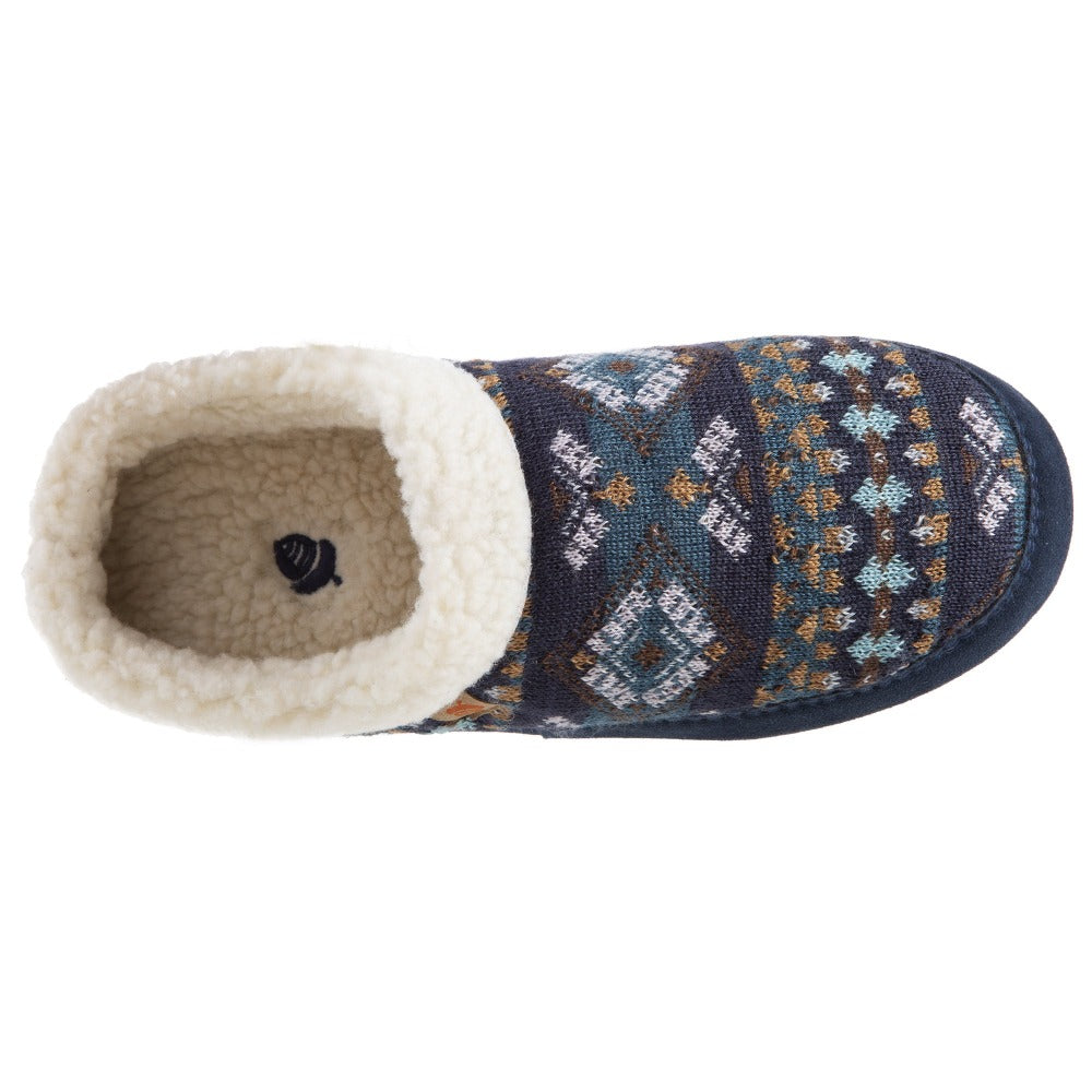 Women’s Fairisles Hoodback Slipper in Blue Multi with different hues of blue and tan Inside Top View#color_navy