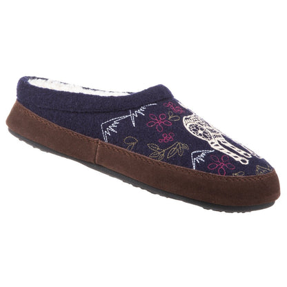 Women's Forest Mule Slippers in Navy Moose Right Angled View#color_navy-moose