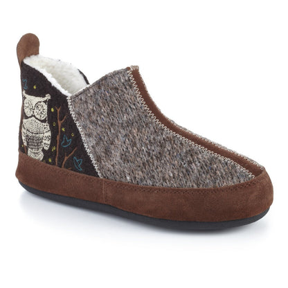 Women's Forest Bootie Slippers in Chocolate Owl Right Angled View#color_chocolate