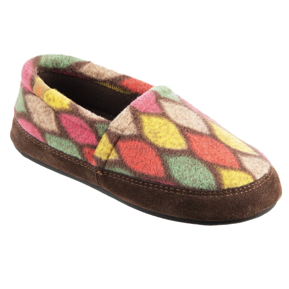 Women's Fleece Moc Slippers in Brown and Pink Leaves Right Angled View #color_brown-and-pink-leaves
