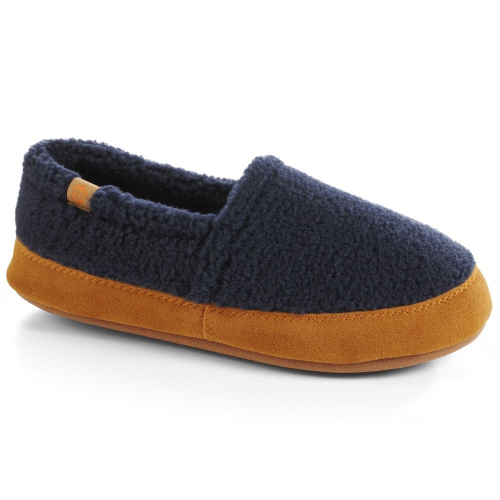 Women's Fleece Moc Slippers in Navy Popcorn Right Angled View #color_navy-popcorn