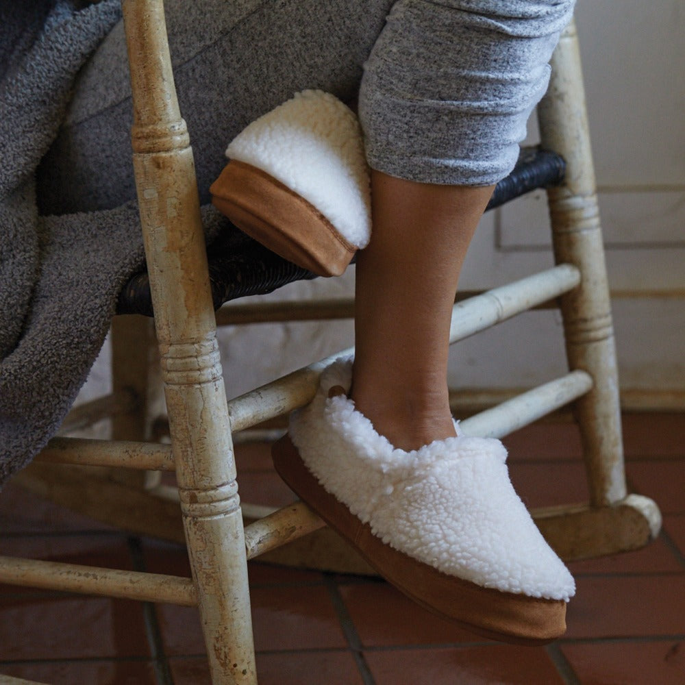 Women's Original Acorn Moccasins in Buff Popcorn On Model in Rocking Chair #color_buff-popcorn