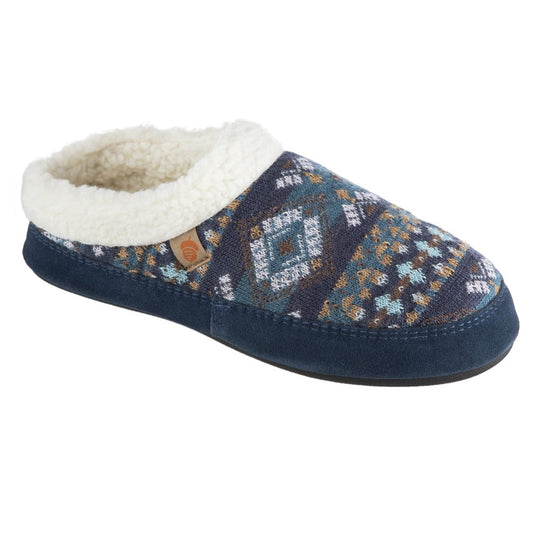 Women’s Fairisles Hoodback Slipper in Blue Multi with different hues of blue and tan Right Angled View#color_navy