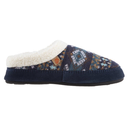 Women’s Fairisles Hoodback Slipper in Blue Multi with different hues of blue and tan profile#color_navy