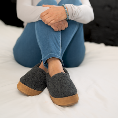 10080 Women's Fleece Moc Slippers in Buff Popcorn Right Angled View #color_dark-charcoal